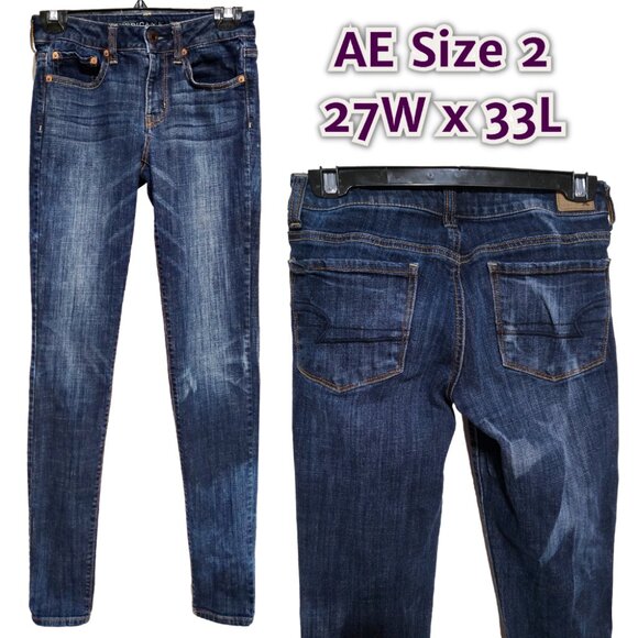 AE American Eagle High Rise Skinny Stretch Size 2 xlong - 27W 33L Denim Jeans - Picture 1 of 9